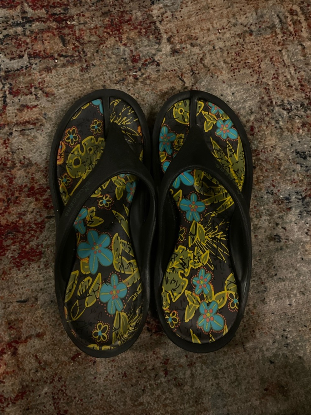 9 Black Floral Flip Flop Sandals with Turquoise Accents